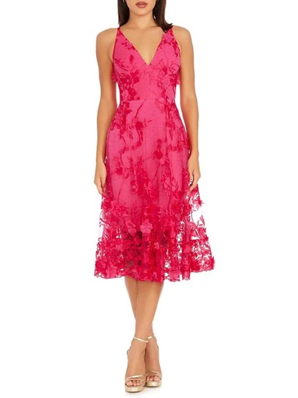Dress the Population Audrey Floral Plunging V-Neck Sleeveless A-Line Midi Dress